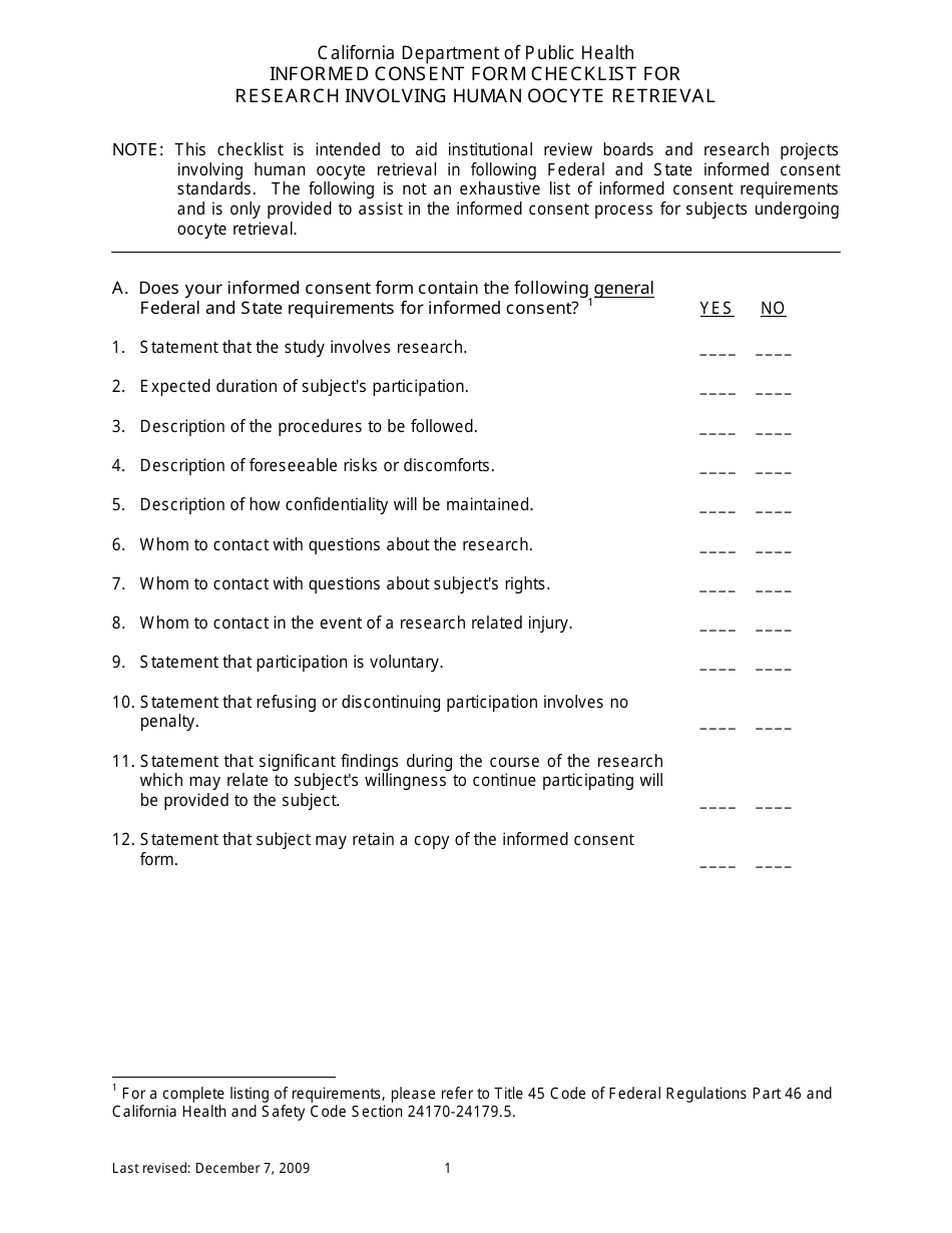 Informed Consent Form Checklist for Research Involving Human Oocyte Retrieval - California, Page 1