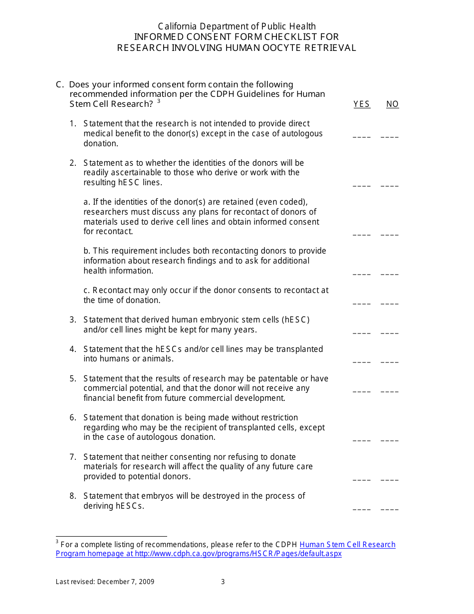 Informed Consent Form Checklist for Research Involving Human Oocyte Retrieval - California, Page 3