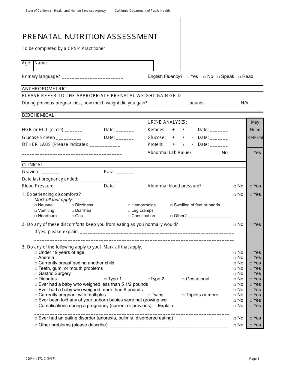 Form CDPH4472 C Prenatal Nutrition Assessment - California, Page 1