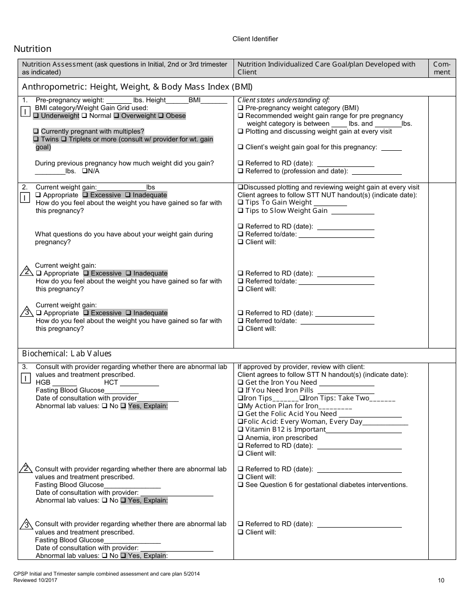 California Cpsp Initial and Trimester Sample Combined Assessment and ...