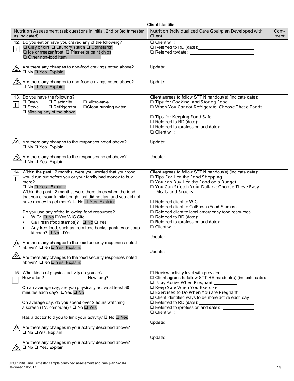 Cpsp Initial and Trimester Sample Combined Assessment and Care Plan - California, Page 14
