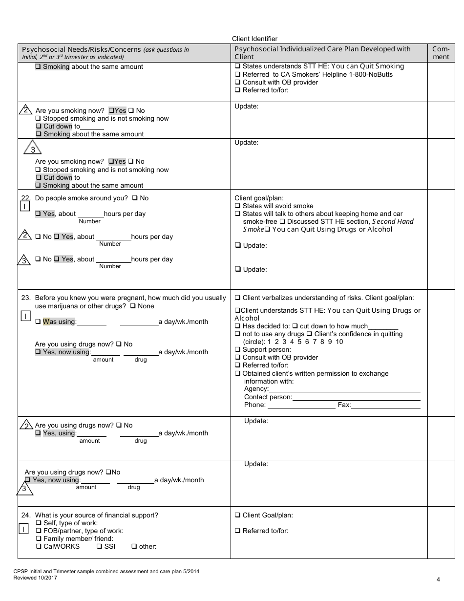 Cpsp Initial and Trimester Sample Combined Assessment and Care Plan - California, Page 4