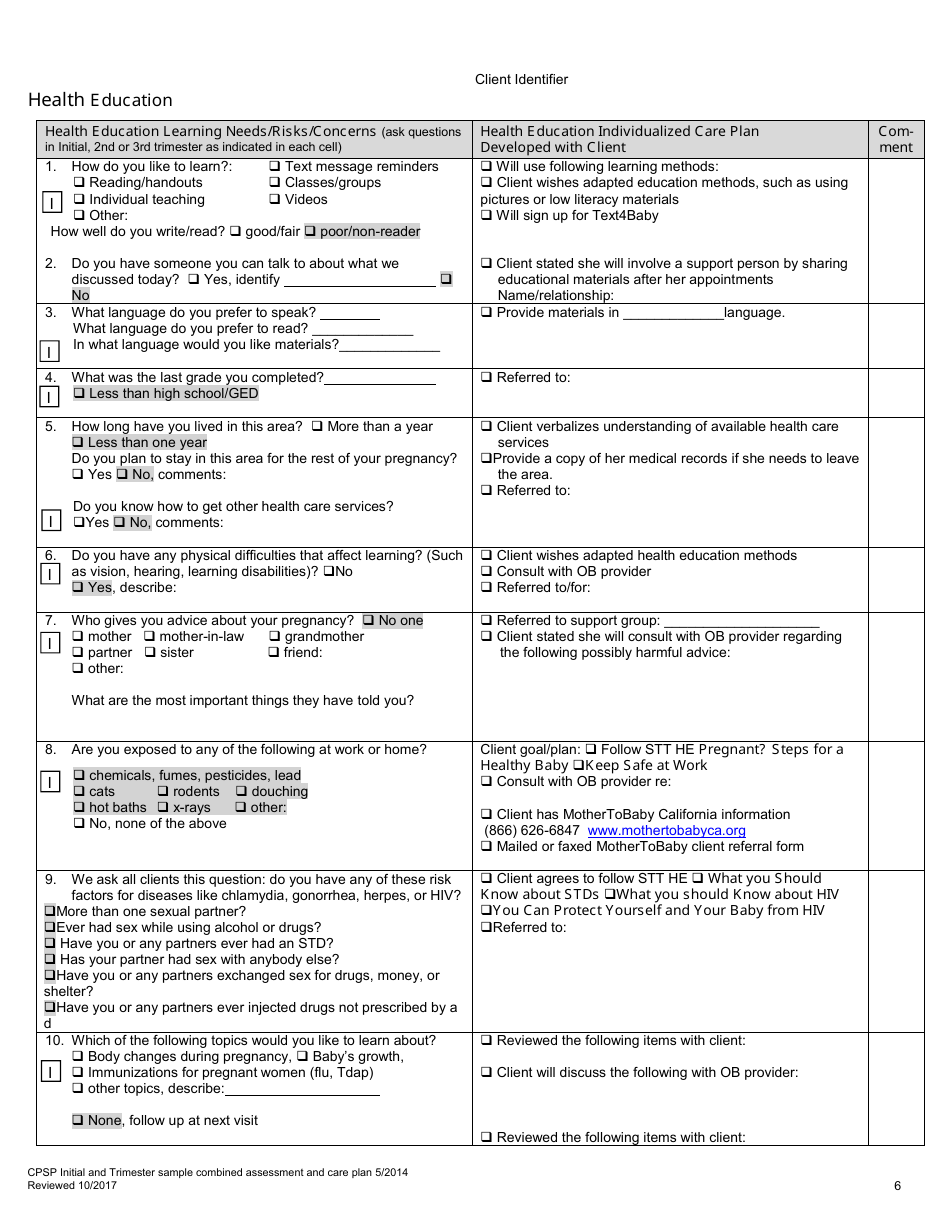 Cpsp Initial and Trimester Sample Combined Assessment and Care Plan - California, Page 6