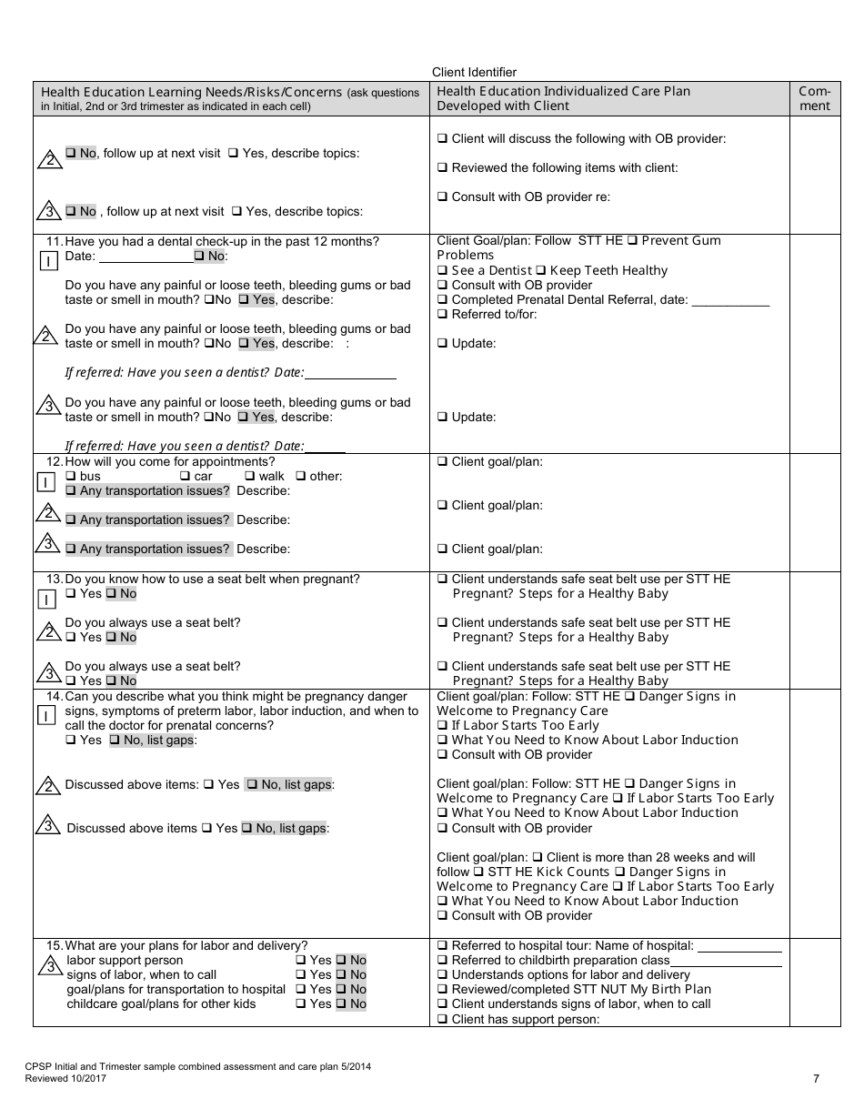 Cpsp Initial and Trimester Sample Combined Assessment and Care Plan - California, Page 7