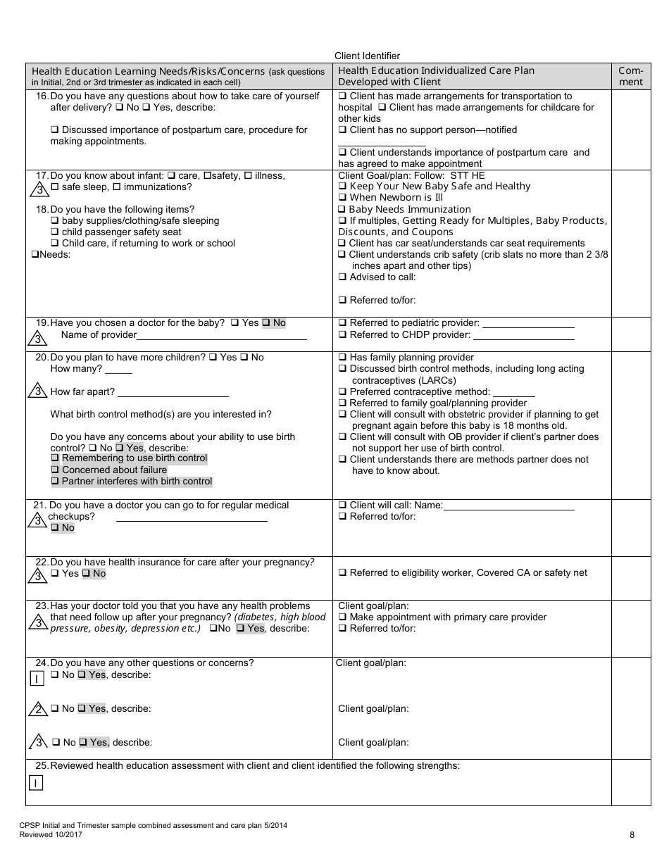 Cpsp Initial and Trimester Sample Combined Assessment and Care Plan - California, Page 8