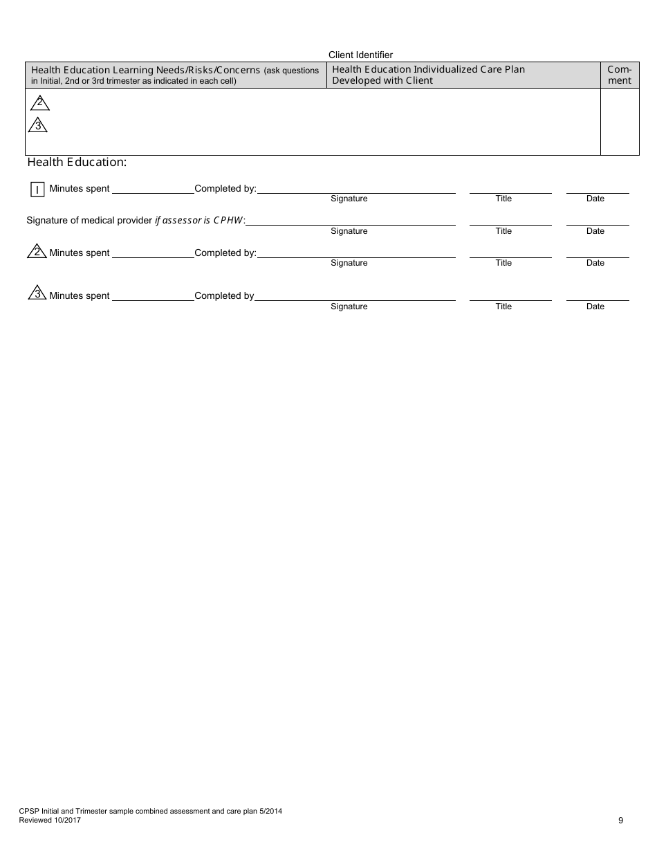 Cpsp Initial and Trimester Sample Combined Assessment and Care Plan - California, Page 9