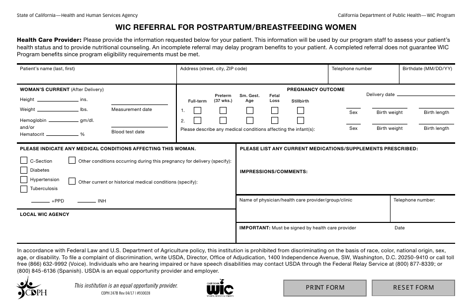 Form CDPH247B Wic Referral for Postpartum / Breastfeeding Women - California, Page 1