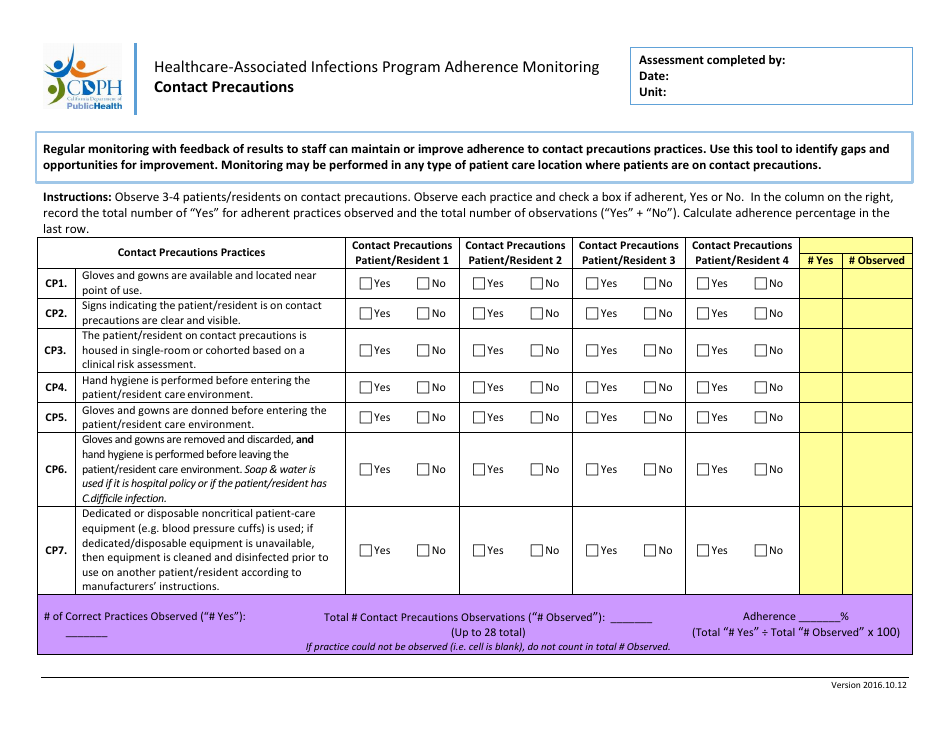 Contact Precautions Adherence Monitoring Tool - California, Page 1