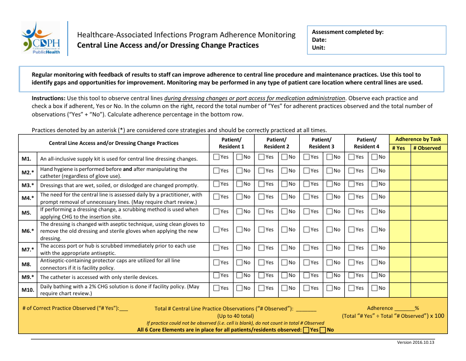 Central Line Access and / or Dressing Change Practices Adherence Monitoring Tool - California, Page 1