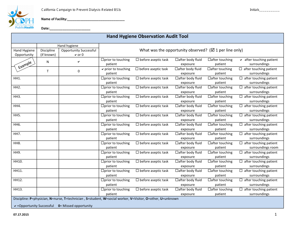 Hand Hygiene Observation Audit Tool - California, Page 1