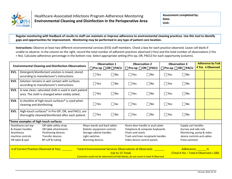 Environmental Cleaning and Disinfection in the Perioperative Area Adherence Monitoring Tool - California, Page 1