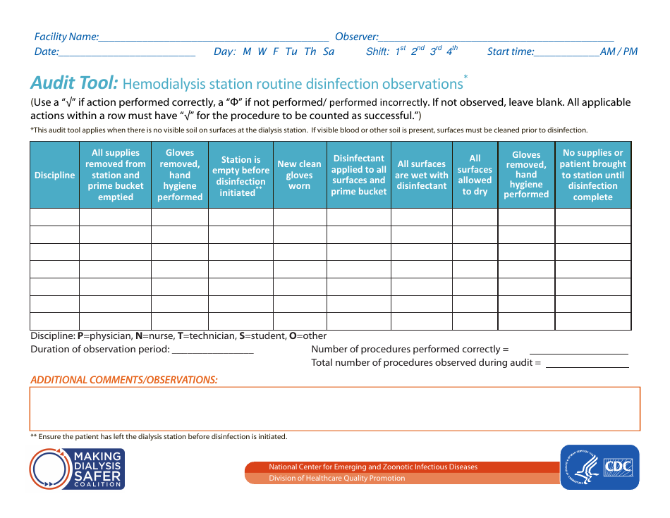 Audit Tool: Hemodialysis Station Routine Disinfection Observations, Page 1