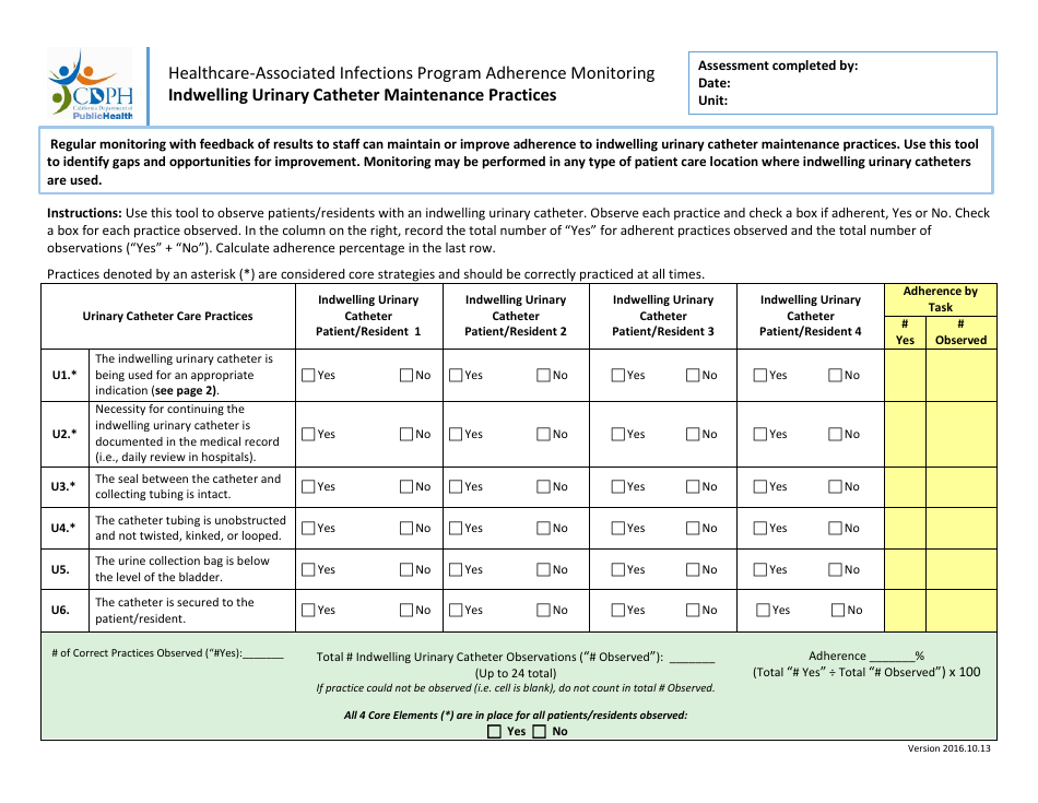 Indwelling Urinary Catheter Maintenance Practices Adherence Monitoring Tool - California, Page 1