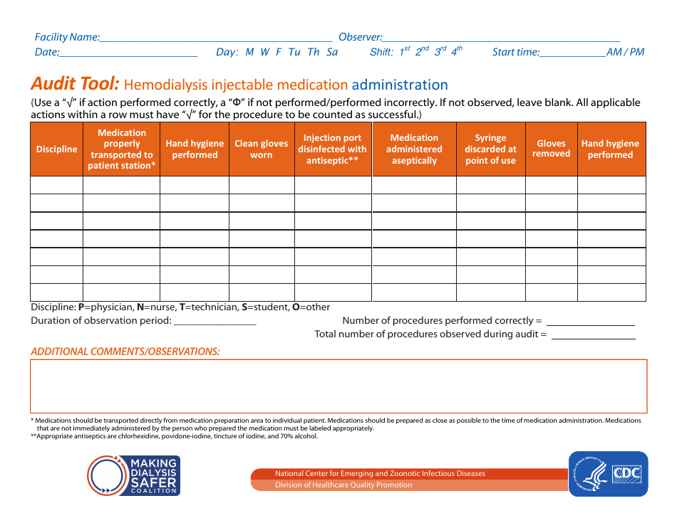 Audit Tool: Hemodialysis Injectable Medication Preparation, Page 2