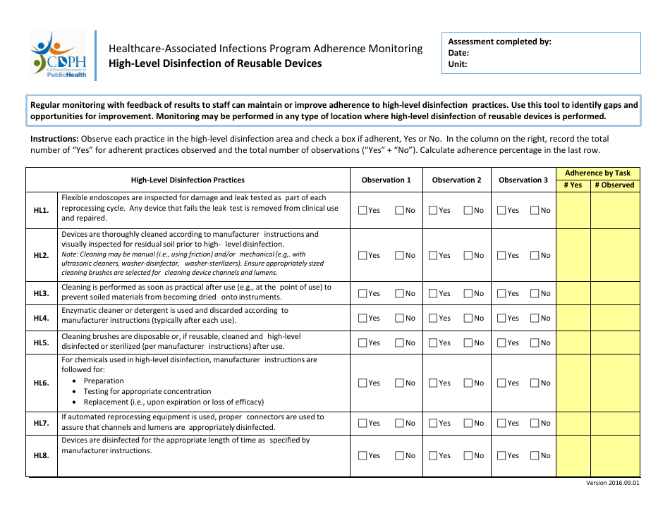 High-Level Disinfection of Reusable Devices Adherence Monitoring Tool - California, Page 1