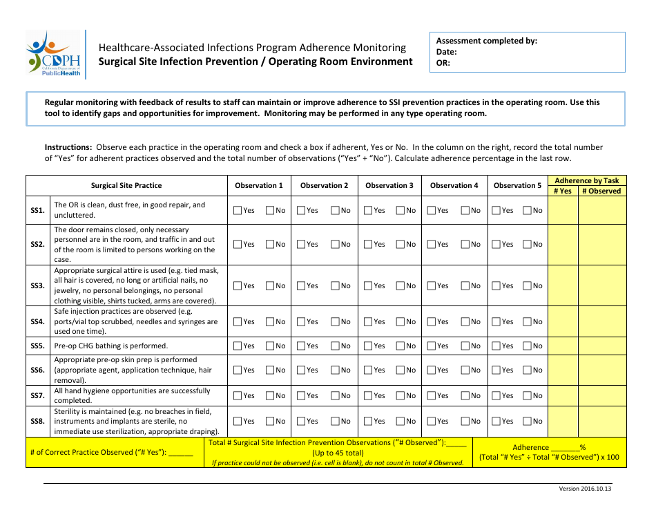 Ssi Prevention / Operating Room Environment Adherence Monitoring Tool - California, Page 1