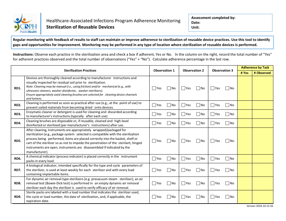 Sterilization of Reusable Devices Adherence Monitoring Tool - California, Page 1