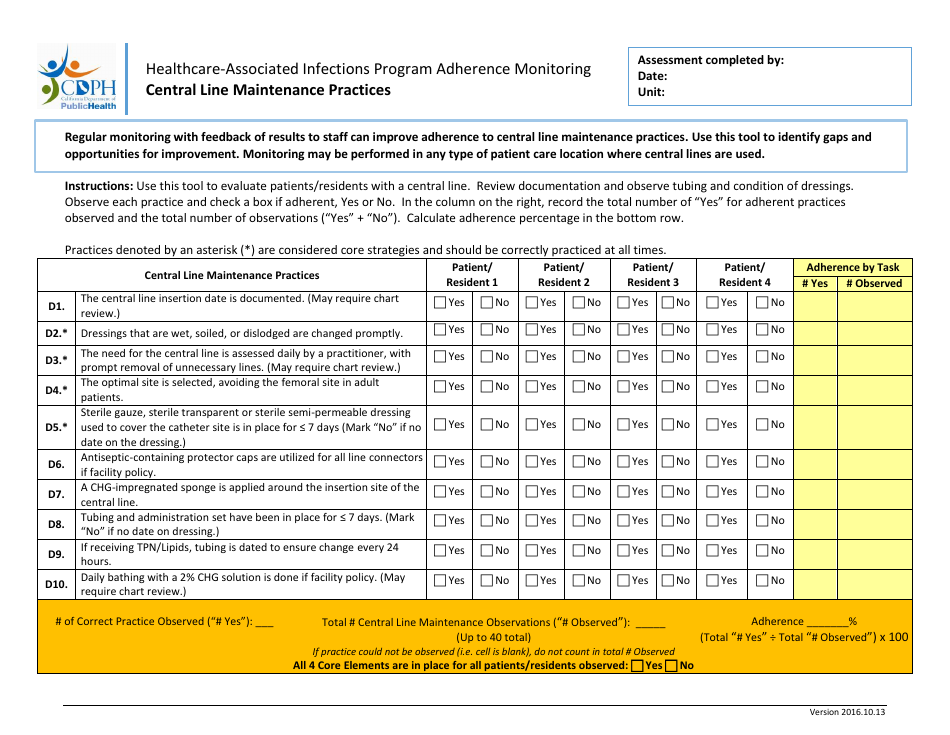 Central Line Maintenance Practices Adherence Monitoring Tool - California, Page 1