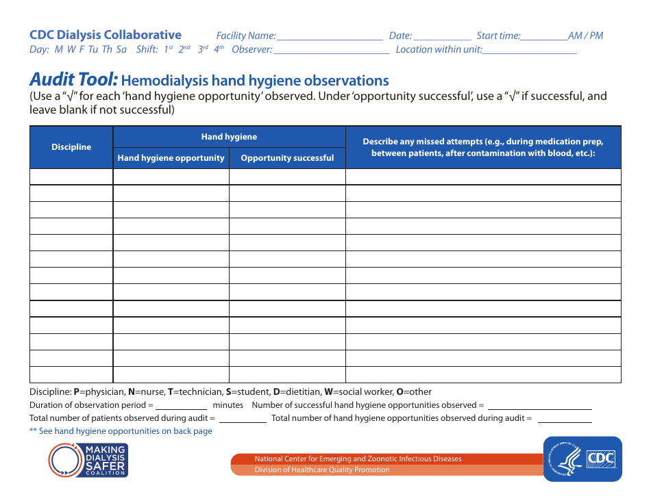 Audit Tool - Hemodialisys Hand Hygiene Observations, Page 1