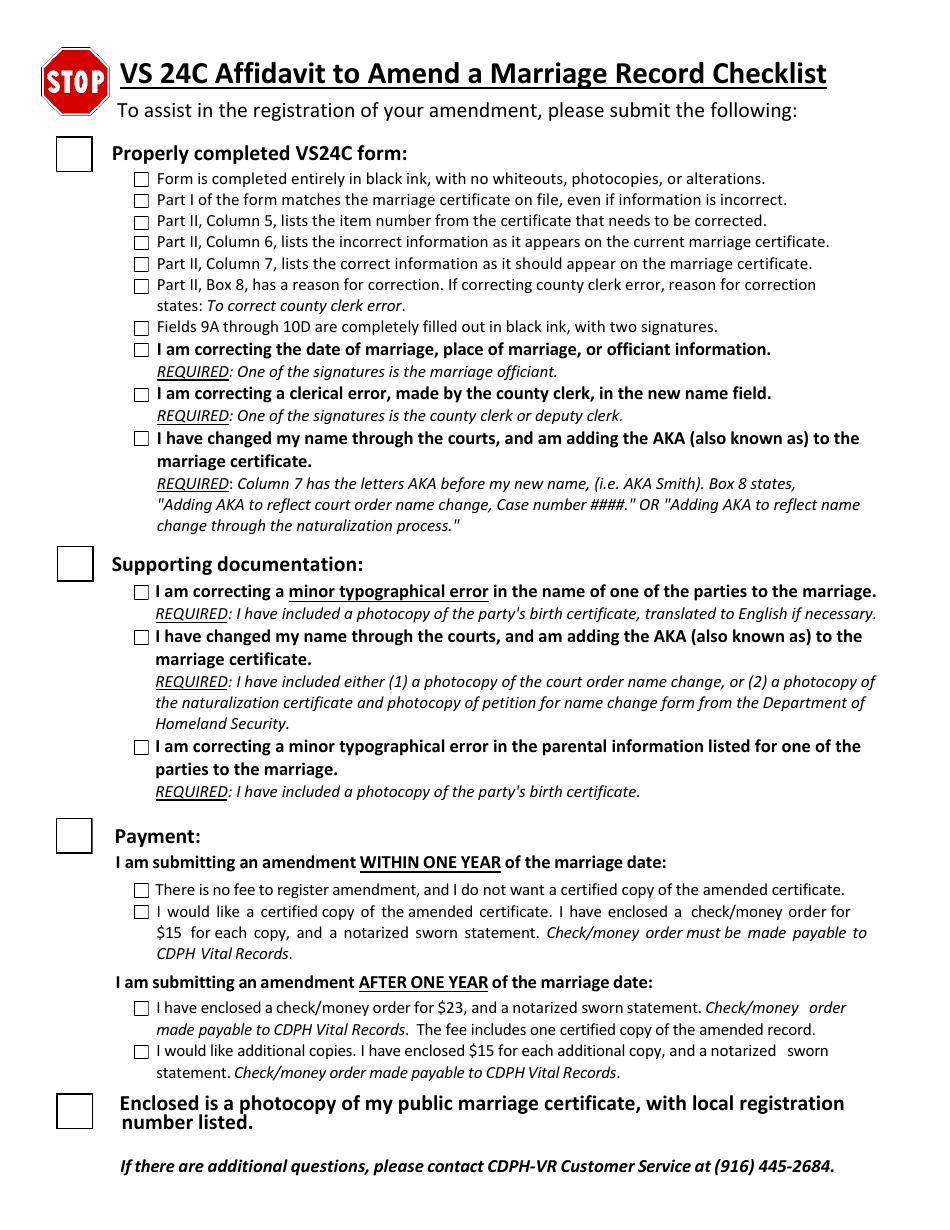 Form VS24C Affidavit to Amend a Marriage Record Checklist - California, Page 1