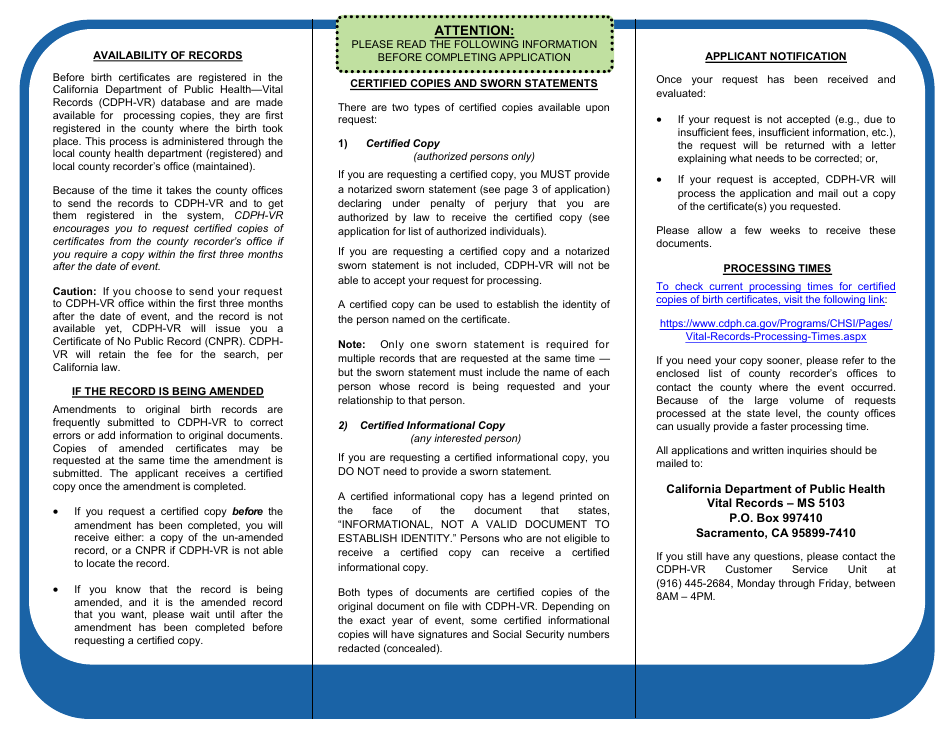 Form VS111 Application for Certified Copy of Birth Record - California, Page 2