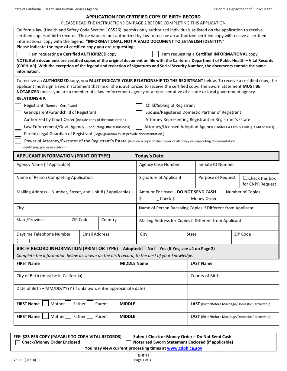 Form VS111 Application for Certified Copy of Birth Record - California, Page 3