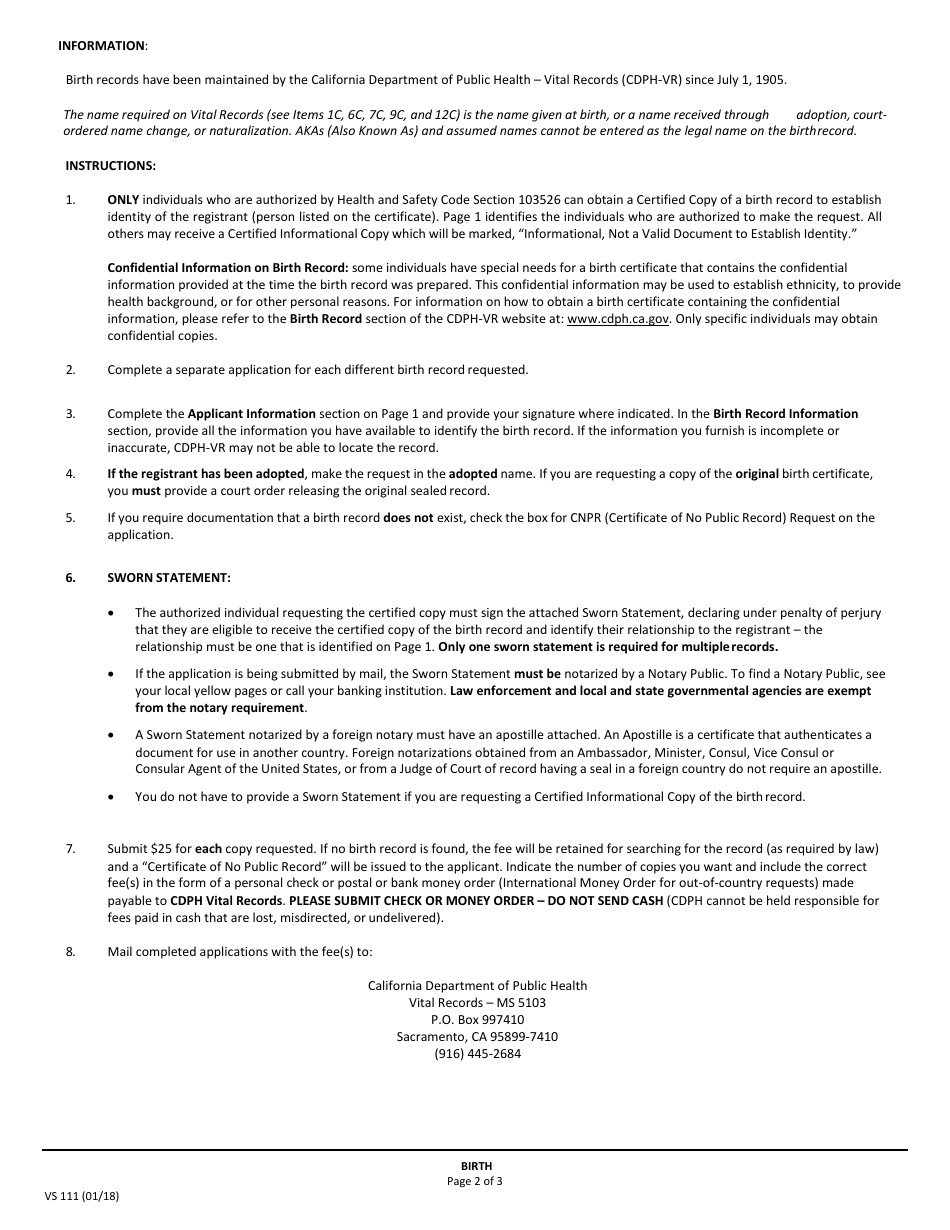 Form VS111 Application for Certified Copy of Birth Record - California, Page 4