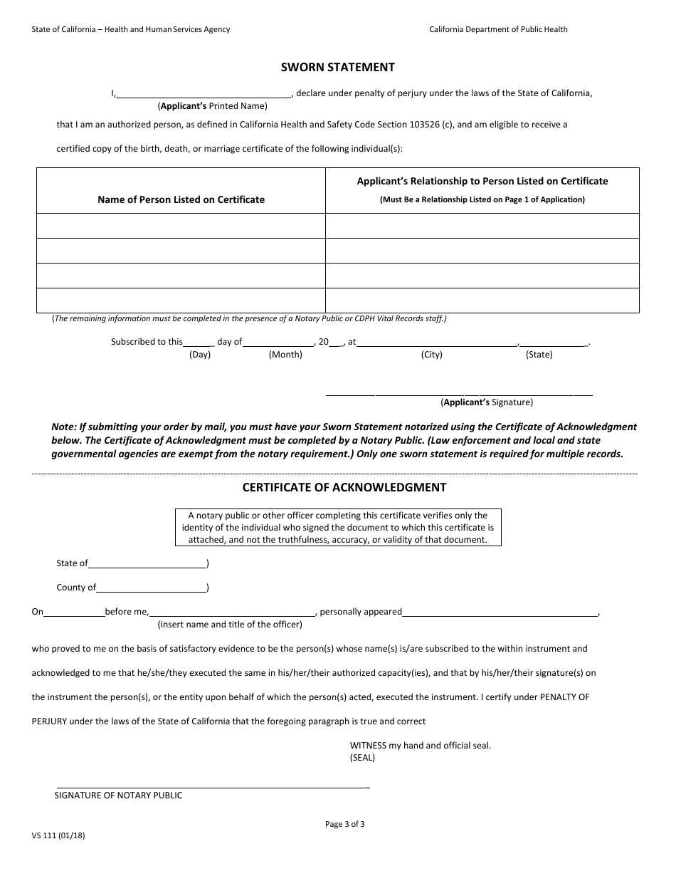 Form VS111 - Fill Out, Sign Online and Download Fillable PDF ...