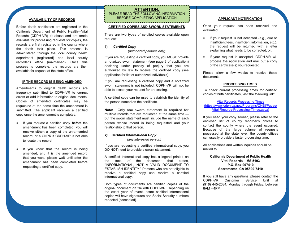 Form VS112 Application for Certified Copy of Death Record - California, Page 2
