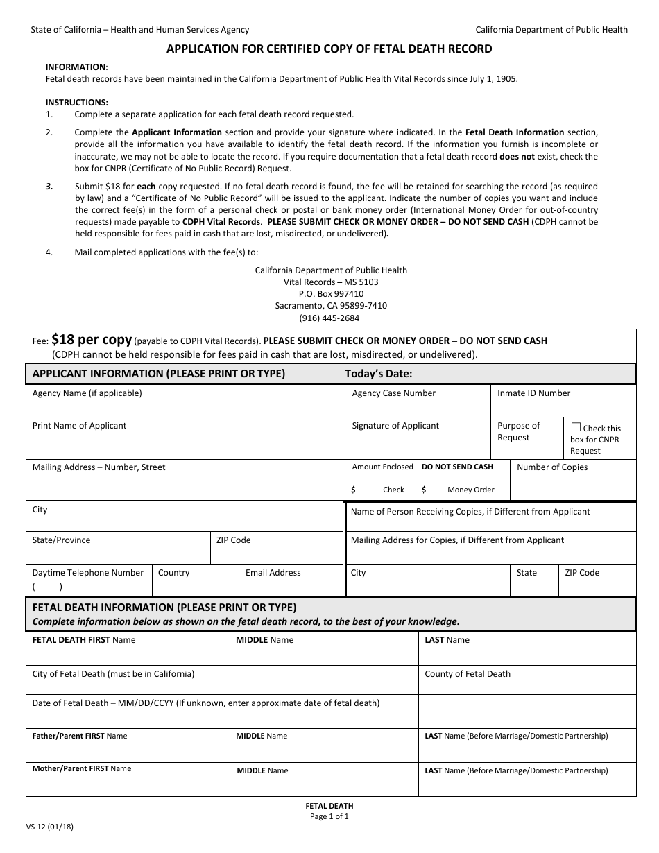 Form VS12 Application for Certified Copy of Fetal Death Record - California, Page 3