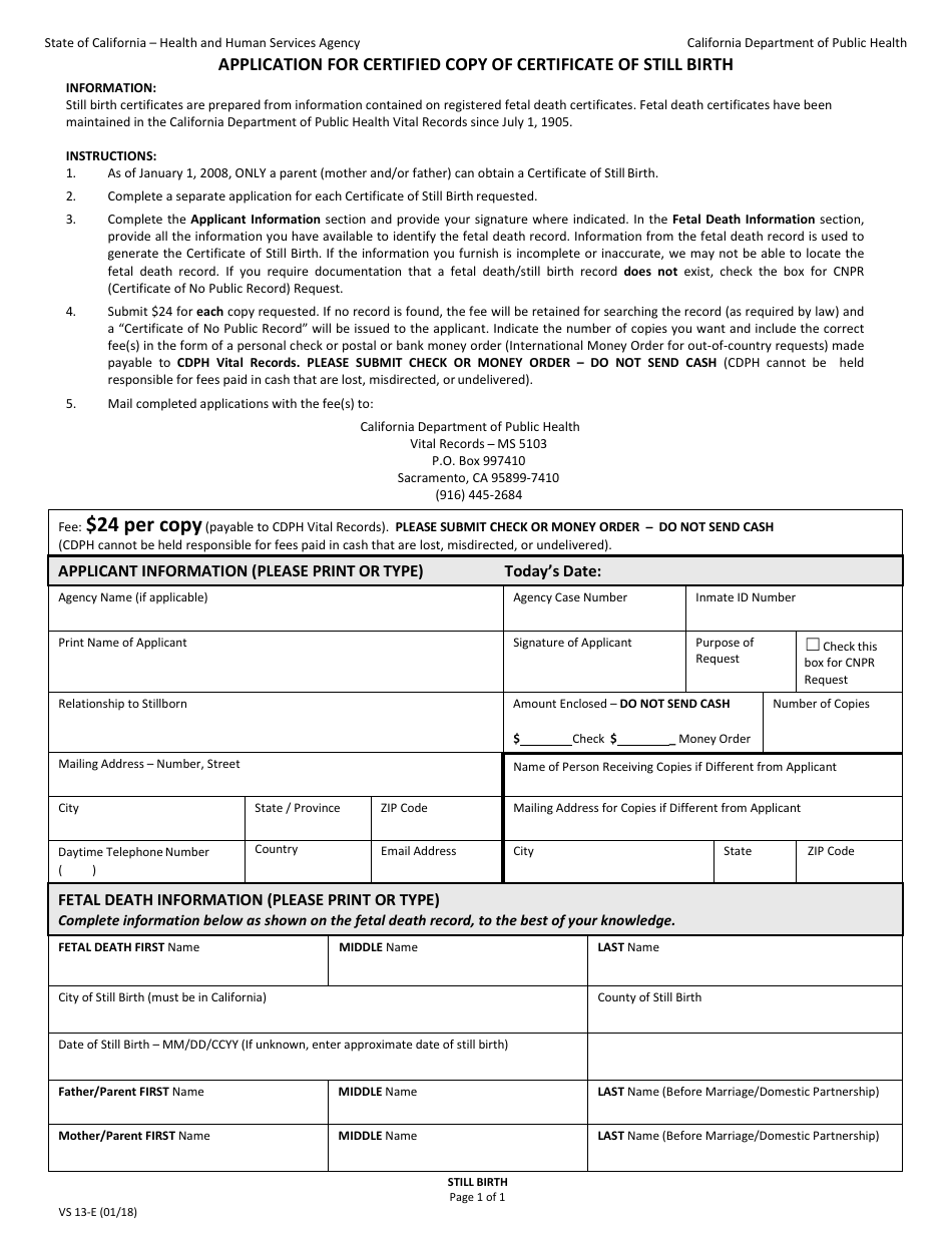 Form VS13-E Application for Certified Copy of Certificate of Still Birth - California, Page 3