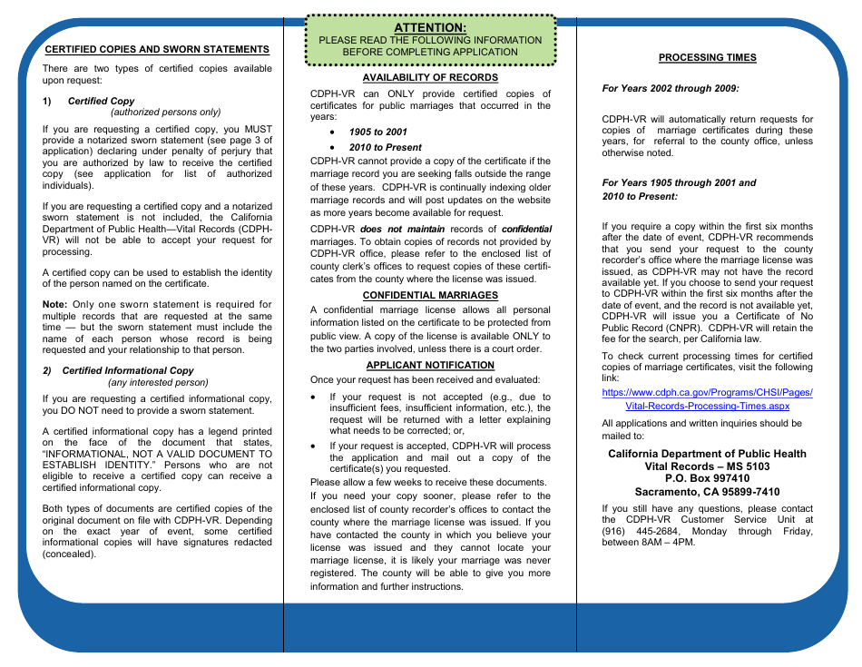 Form VS113-A Application for Certified Copy of Marriage Record - California, Page 2