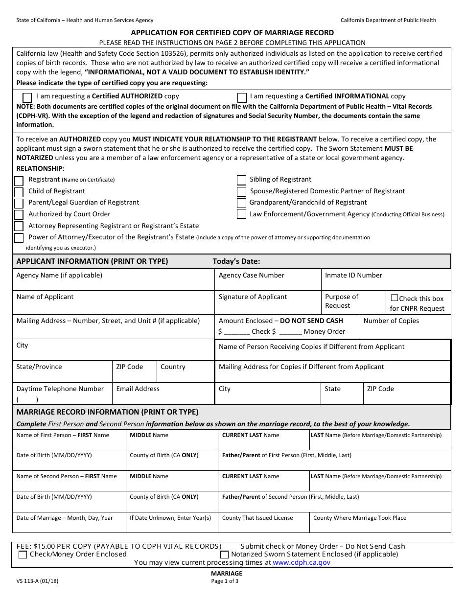 Form VS113-A Application for Certified Copy of Marriage Record - California, Page 3