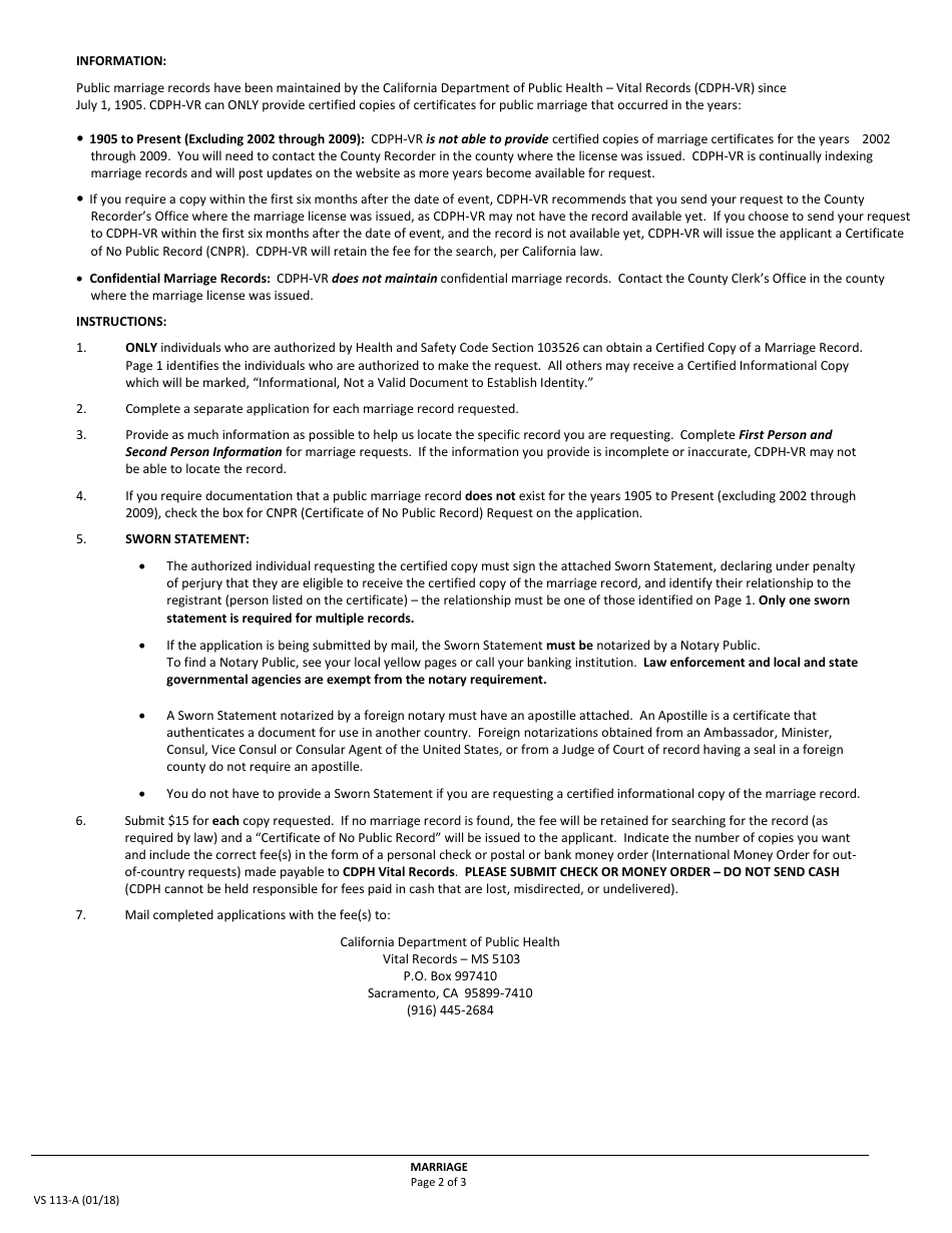 Form VS113-A Application for Certified Copy of Marriage Record - California, Page 4