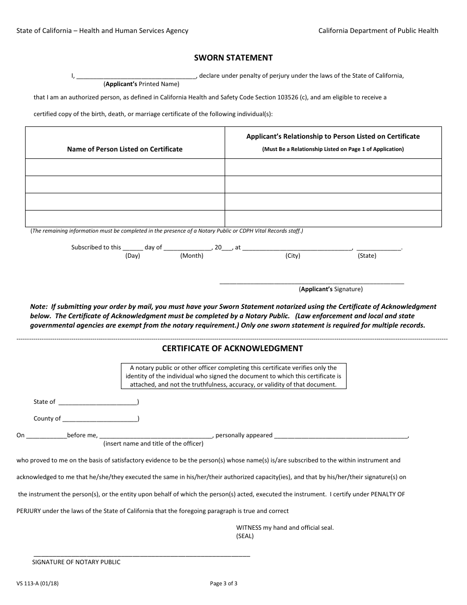 Form VS113-A Application for Certified Copy of Marriage Record - California, Page 5