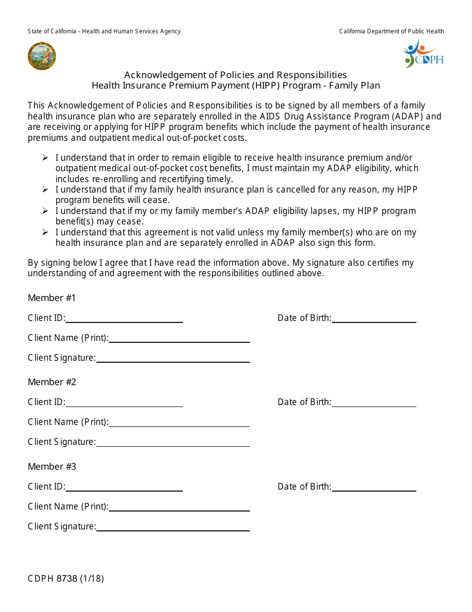 Form CDPH8738 Download Fillable PDF or Fill Online Acknowledgement of Policies and ...