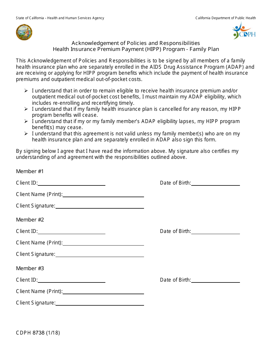 Form CDPH8738 Acknowledgement of Policies and Responsibilities - Health Insurance Premium Payment (HIPP) Program - Family Plan - California, Page 1
