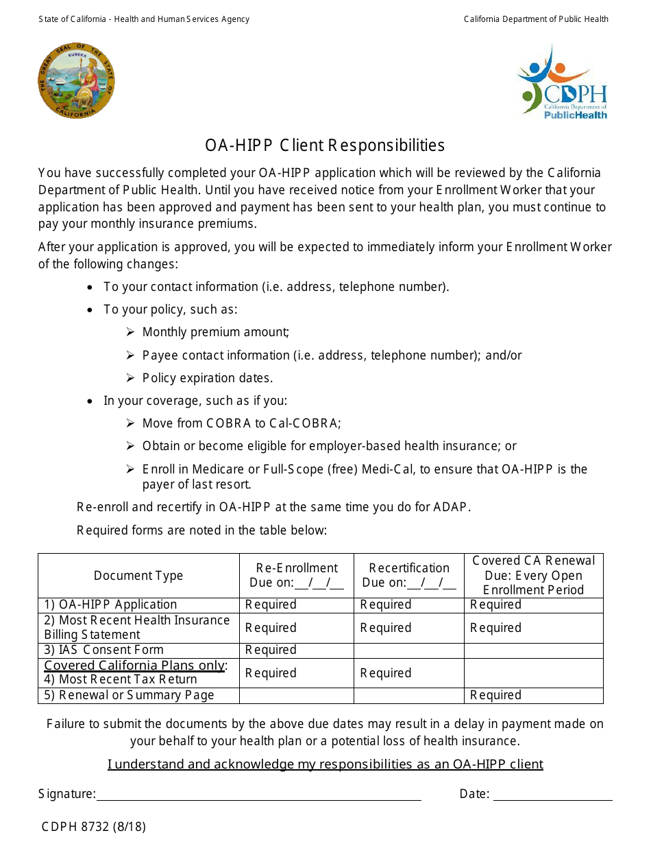 Form CDPH8732 OA-HIPP Client Responsibilities - California, Page 1