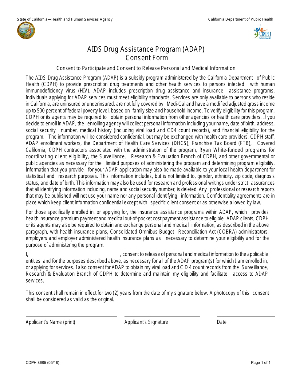 Form CDPH8685 AIDS Drug Assistance Program (Adap) Consent Form - California, Page 1