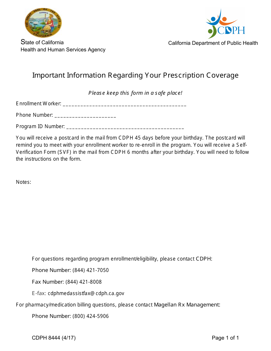 Form CDPH8444 Important Information Regarding Your Prescription Coverage - California, Page 1