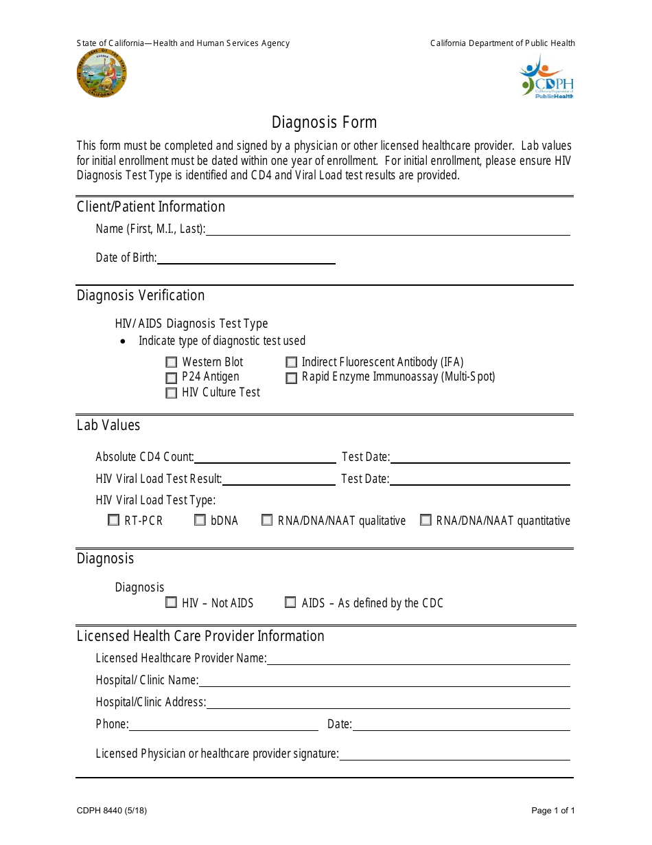 Form CDPH8440 Diagnosis Form - California, Page 1