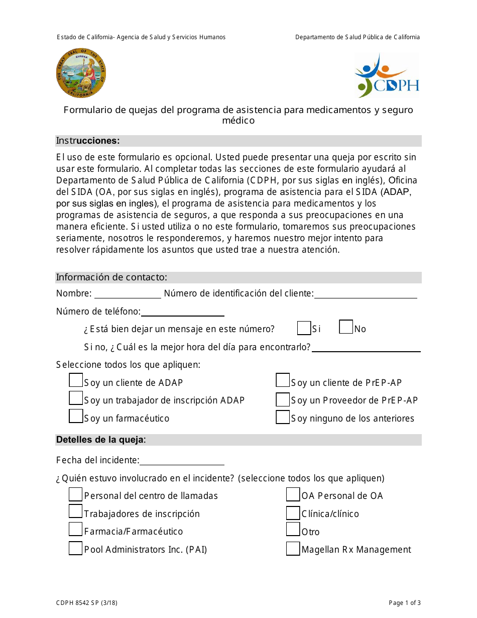 Formulario CDPH8542 SP Formulario De Quejas Del Programa De Asistencia Para Medicamentos Y Seguro Medico - California (Spanish), Page 1