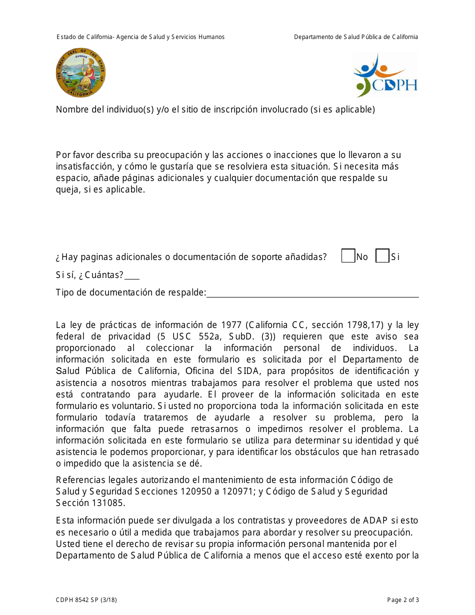 Formulario CDPH8542 SP Formulario De Quejas Del Programa De Asistencia Para Medicamentos Y Seguro Medico - California (Spanish), Page 2