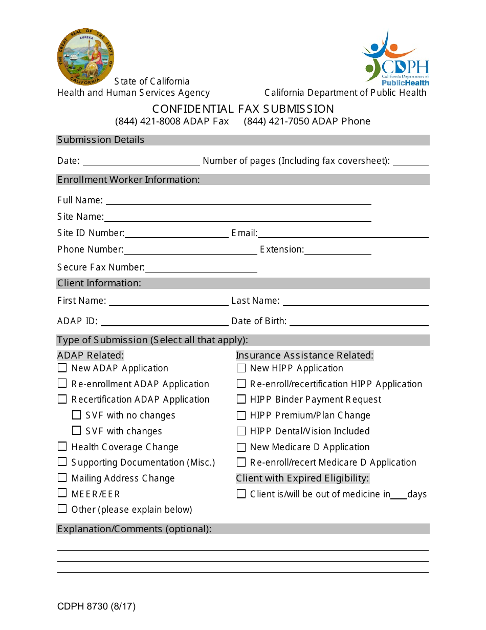 Form CDPH8730 Confidential Fax Submission - California, Page 1