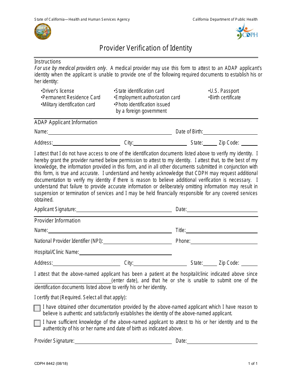 Form CDPH8442 Provider Verification of Identity - California, Page 1