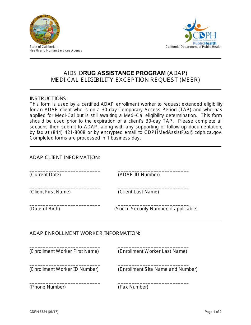 Form CDPH8724 Medi-Cal Eligibility Exception Request (Meer) - AIDS Drug Assistance Program (Adap) - California, Page 1