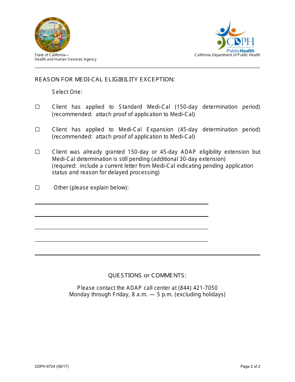 Form CDPH8724 Medi-Cal Eligibility Exception Request (Meer) - AIDS Drug Assistance Program (Adap) - California, Page 2