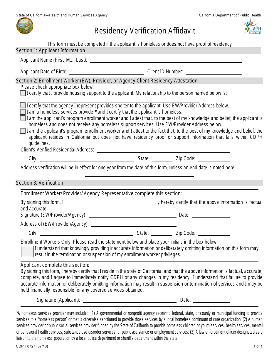 Form CDPH8727 Residency Verification Affidavit - California, Page 1