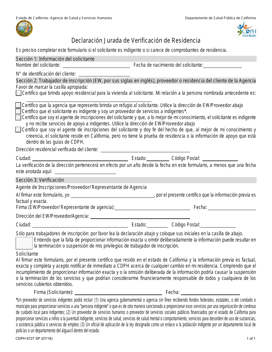 Formulario CDPH8727 SP Declaracion Jurada De Verificacion De Residencia - California (Spanish), Page 1