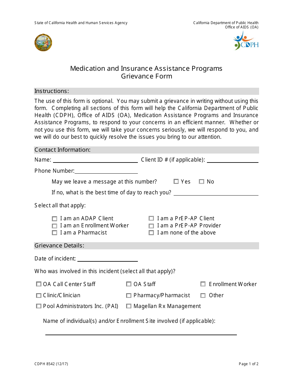Form CDPH8542 Medication and Insurance Assistance Programs Grievance Form - California, Page 1